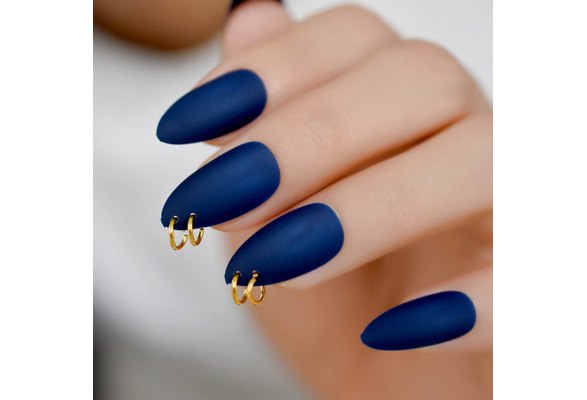 Gold Ring Matte Dark Blue Stiletto Fake Nails Oval Almond Pointed Frosted Full Cover Punk Style Press on False Wear Nail | Wish Gold Ring Matte Dark Blue Stiletto Fake Nails Oval Almond Pointed Frosted Full Cover Punk Style Press on False Wear Nail | Wish