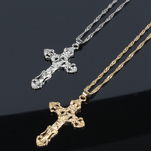 24 Inches Chain Zinc Alloy Black Cross Pendant Chain Necklace Simple Jewelry Gifts Kicher Wave Cross Necklace for Men Women