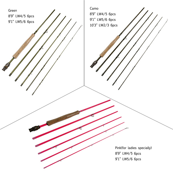 Aventik Economic 6 pieces Travel Fly fishing rods 8'9” LW4/5, 9'1'' LW5/6,  10'3” LW2/3, Pink for Ladies