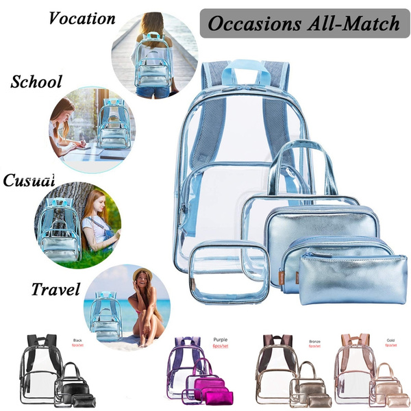 NiceEbag 15.6 Inch Transparent Backpack with Cosmetic Bag Set Makeup Pouch Organizer Clear Transparent PVC School Bookbag See Through Travel Casual