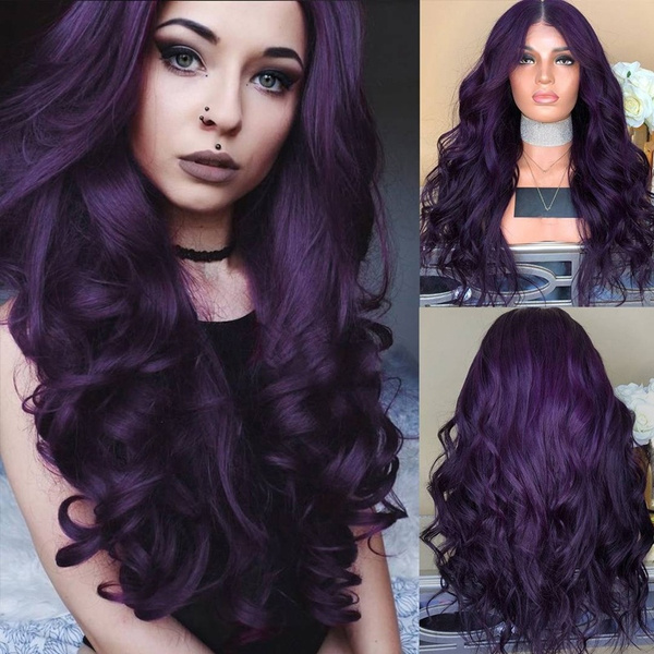 Wavy Long Heat Resistant Wig Women Ladies Synthetic Curly Hairstyle Dark Purple Wigs