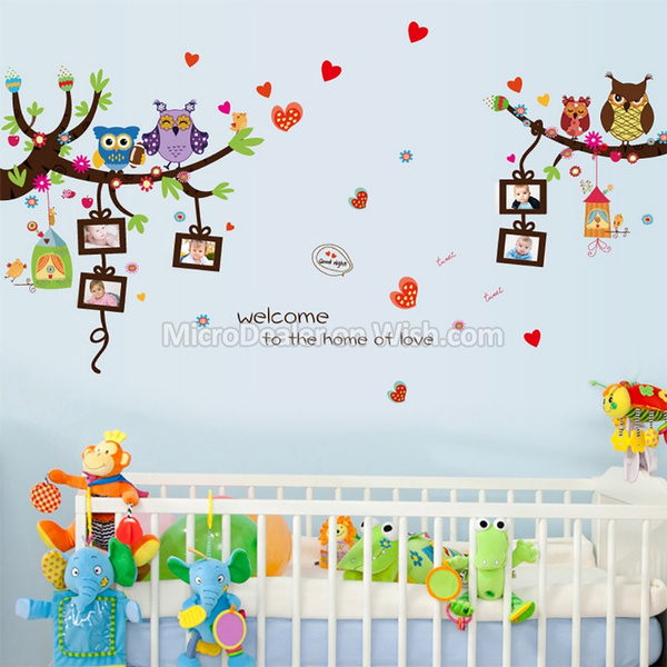 Cartoon Animal Children Wall Stickers Cute Owls Birds Tree Red Heart with 5  Photo Frame Decals For Baby Birthday Kids Room Decor