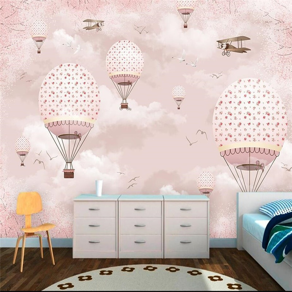 Custom wallpaper children's room pink girl heart cartoon hot air ...