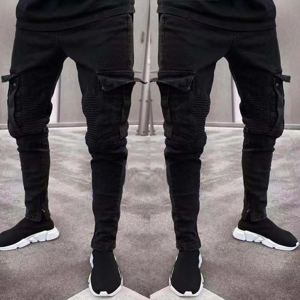 Men Black Fashion Skinny Cargo Jeans Homme Slim Fit Crumpled Denim Pants  for Male Casual Trousers Overalls