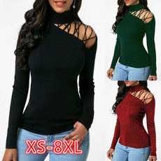 Women Fashion Loose Causal Long Sleeve Bandages High Neck  Pure Color Autumn Shirts Plus SIze XS-8XL