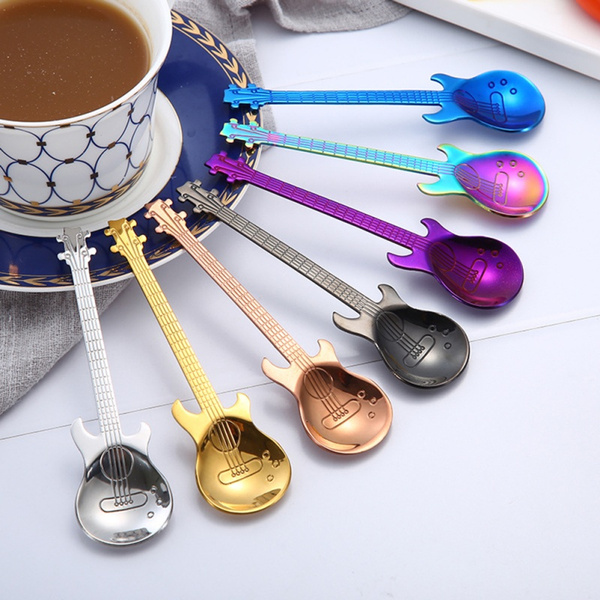 1PCS Stainless Steel Rainbow Guitar Shape Coffee Milk Spoon Cold Drink Tea Spoon 