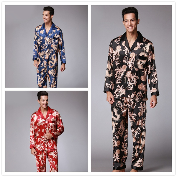 Men Faux Silk Pajamas Set Satin Sleepwear Nightwear Chinese Dragon