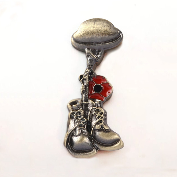 Military Helmet/Rifle/Boots Enamel Pin Red Poppy Remembrance Day Retro