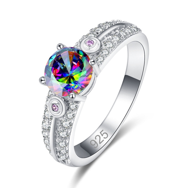 Fashion Round Dazzling Rainbow White Blue Topaz Gemstone Silver 925 Ring Size6-9 