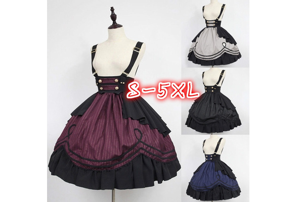 Medieval Lolita Girl Women Ruffle Tiered Dress Braces Skirt Cosplay Costume