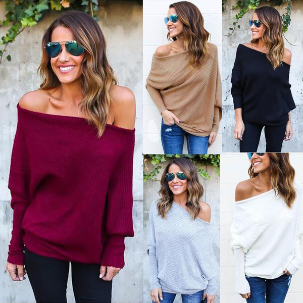 Womens Off Shoulder Contrast Manche Jumper Ladies Chunky Pince Knit Top 