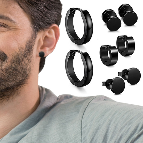 4 Pairs Fasion Stud Earrings for Men Black Dumbbell Stud Earring Set
