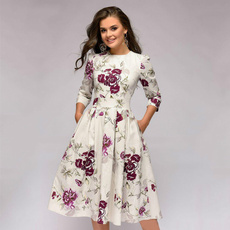 Women Casual Printing A-line Dress Elegant Three Quarter Sleeve Mid-calf Vestidos Female Autumn Winter Dress NO Pockets