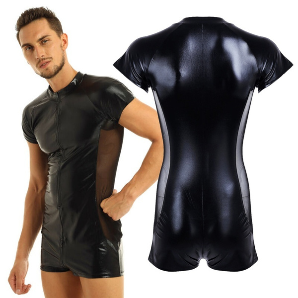 Men Leather Bodysuits Jumpsuits Mesh Stitching Latex Rompers Men ...