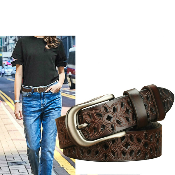 Women Fashion Wide Genuine Leather Belt Floral Carved Cow Skin Belts For Jeans
