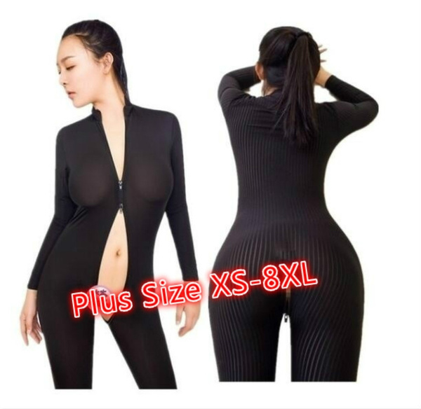 Dame black striped sheer bodysuit smooth hot sale fiber 2 zipper long sleeve jumpsuit