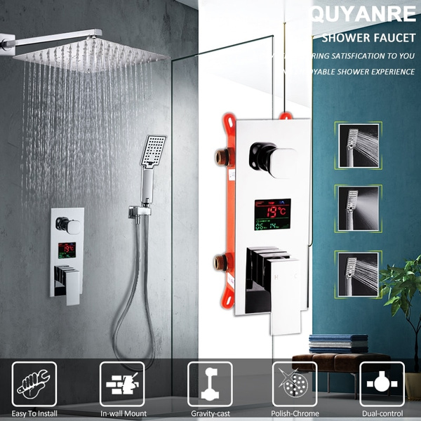 Details about   Shower Facuet Set Digital Display Square Rain Shower Head Wall Mounted Mixer Tap 