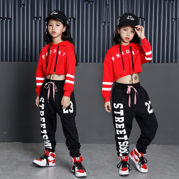 Big Girls Red & Black Casual Wear Clothes Set Print Crop Top Hooded +  Sports Pants
