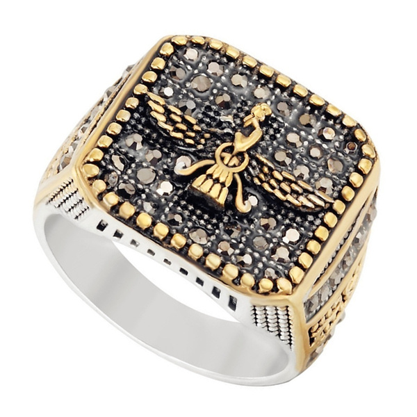 メンズジュエリーステンレススチールゾロアスター教マツダイズムアフラマズダファラヴァハルシンボルリングパンクロックヴィンテージクラシックペルシャ宗教リングインレイクリスタルczストーン シルバー ゴールド ブラック メイトリング Wish