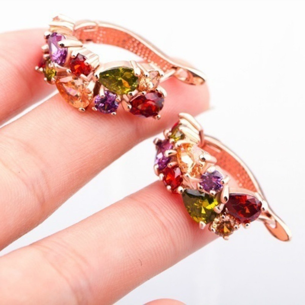 WideJade 18K Real Gold Plated Gold Unique Stud Earrings with Multicolor AAA Zircon Stone Jewelry 