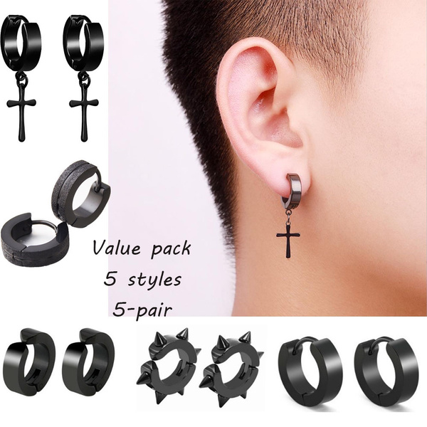 1 Set 5 Pair Stainless Steel Hoop Earrings For Men Women Hip Hop Style Earrings Cool Ear Studs Jewelry Black Golden Silver Wish