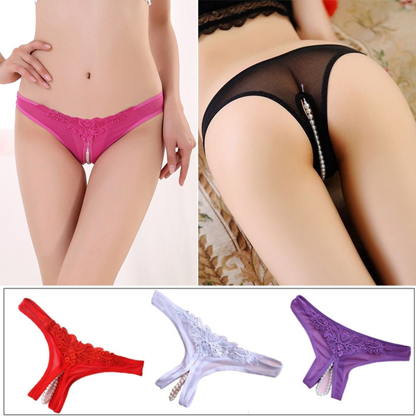 Womens Panties Open Slit G String Pearl Massage Sexy Underwear