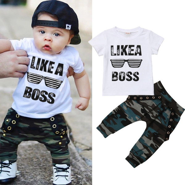 SIN vimklo Newborn Baby Boys Letter Tops T-Shirt Camouflage Pants Outfits Set 0-3Years