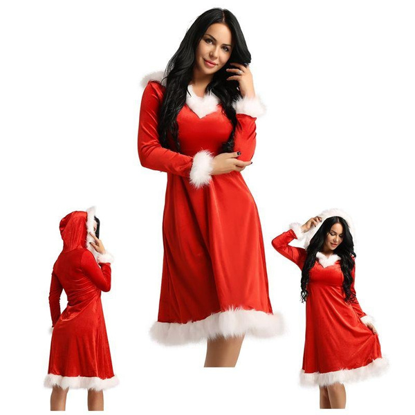 Womans Red Velvet Santa Claus Suit Dress Costume Christmas Cosplay Fancy Party Dress With 0669