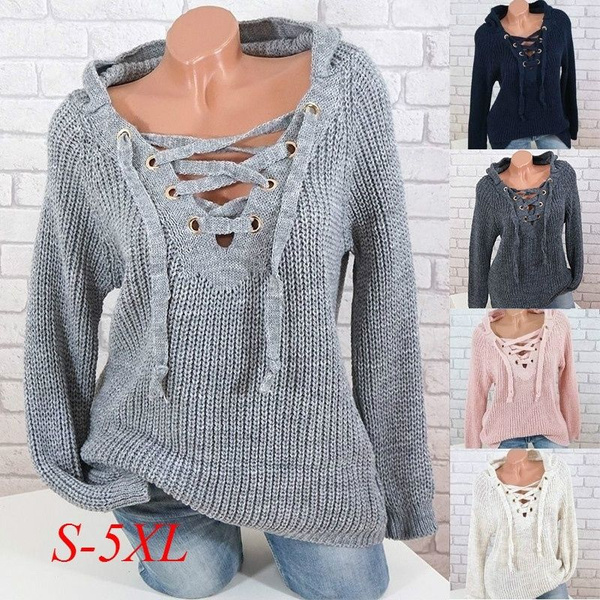 Women Ladies Sweater,Stylish Hooded Long Sleeve Pullover Lace Up V-Neck Knitted Sweaters Tops 