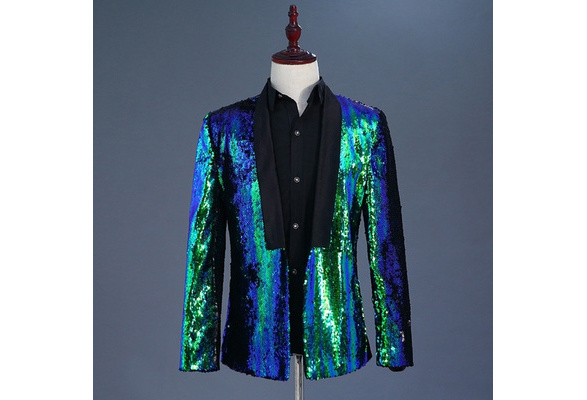 Men Reversible Two Tone Shiny Stage Costume Coat Top Sequin Cardigan Jacket Suit 