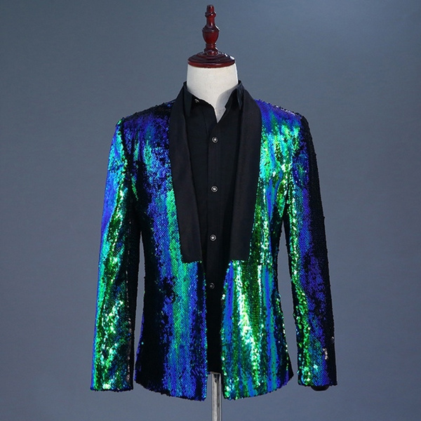 Men Reversible Two Tone Glitter Sequins Cardigan Jacket Suit Blazer ...