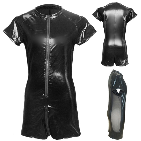 Male Pu Leather Bodysuit Black Open Crotch Zipper Jumpsuit Mens Fetish Latex Clubwear Catsuit