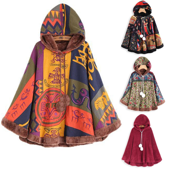 Retro Women's Fashion Winter Warm Cape Cloak Coat Print Ethnic Hooded  Poncho Jacket