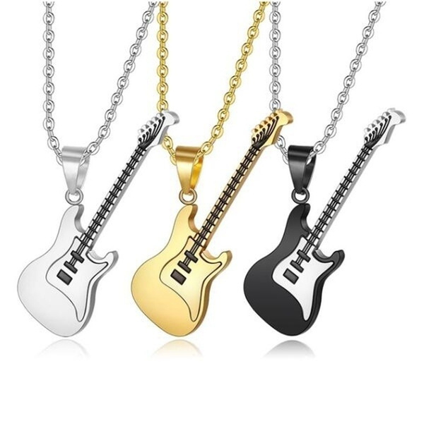 Long Stainless Steel Chain Music Guitar Pendant Necklace Women Men Jewelry LDU Long Stainless Steel Chain Music Guitar Pendant Necklace Women Men Jewelry LDU