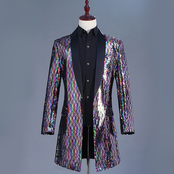 Men Multi Color Glitter Sequins Longline Jacket Suit Blazer Cabaret ...
