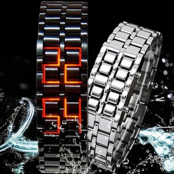 New Fashion Men Women Lava Iron Samurai Metal LED Faceless Bracelet Watch  Wristwatch Full steel Fire digital watch drop ship