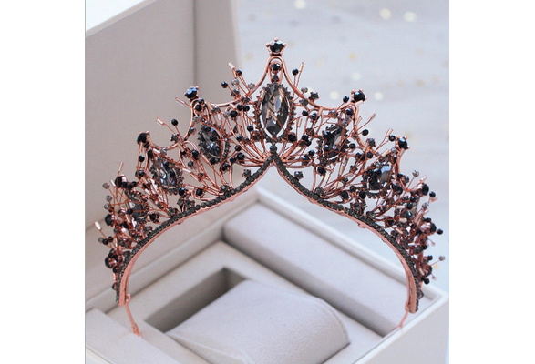 7cm High Pink Crystal Beads Gold Large Crown Wedding Prom Party Pageant Tiara