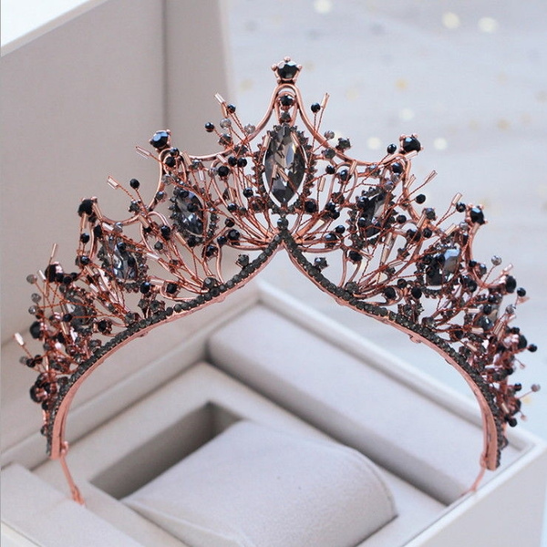 8.4cm High Rose Gold Black Crystal Beads Tiara Crown Wedding Party 