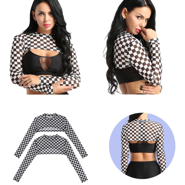 Womens Black&White Plaid Mesh See Through Sheer Round Neck Long