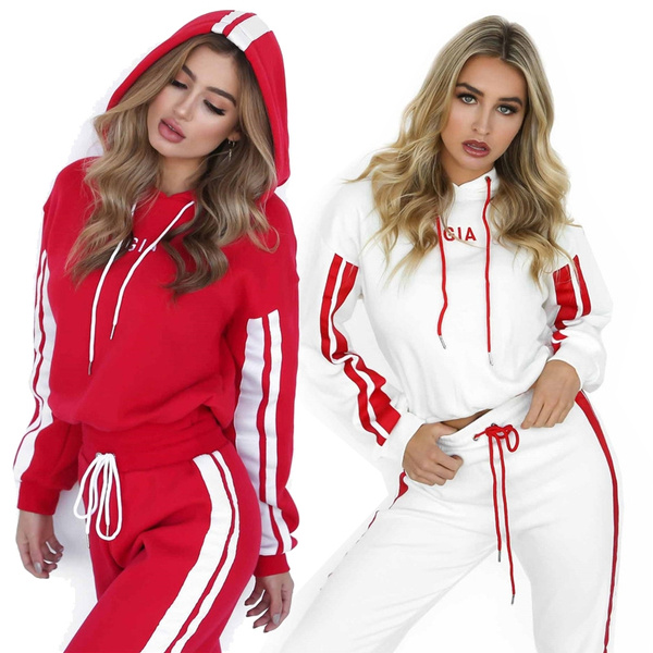 2 Piece Hoodie Set Women Tracksuit Sportswear Casual White Red Striped Pants Hooded Sweatshirt 