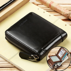 New Men's Genuine Leather Bifold Zip-around Wallet Small Short Coin Wallet RFID Credit Card Wallet for Men