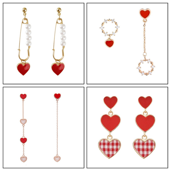 4 Styles Red Heart-Shaped Dangle Earrings, Diamond Inlaid Pearl Stud ...