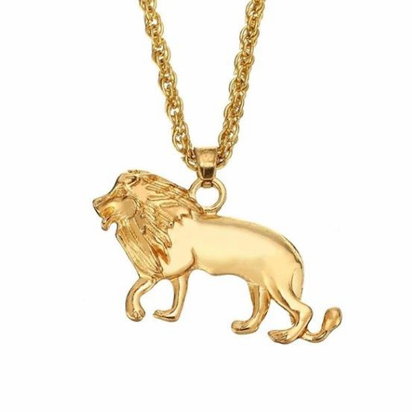 18K Gold Lion Pendant Necklace Men Hip 