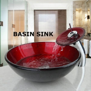 Bathroom Red Round Art Glass Basin Vanity Sink Faucet Waterfall Mixer Tap Set Wish