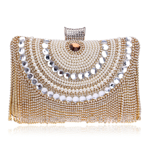 Rhinestone Fringe Clutch- Gold