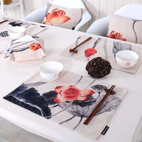Chinese Style Lotus Flower Table Mat Cotton Cloth Printed Fabric Blanching Heat  Insulation Cup Dish Bowl Dinnerware Mat Pads