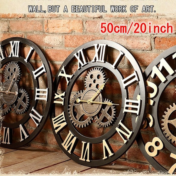 50cm Handmade 3d Retro Rustic Decorative Luxury Art Big Gear Wooden Vintage Large Wall Clock On