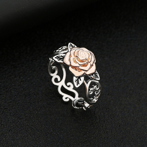 Exquisite Two Tone 925 Silver Floral Ring 14k Rose Gold Flower Wedding Jewelry