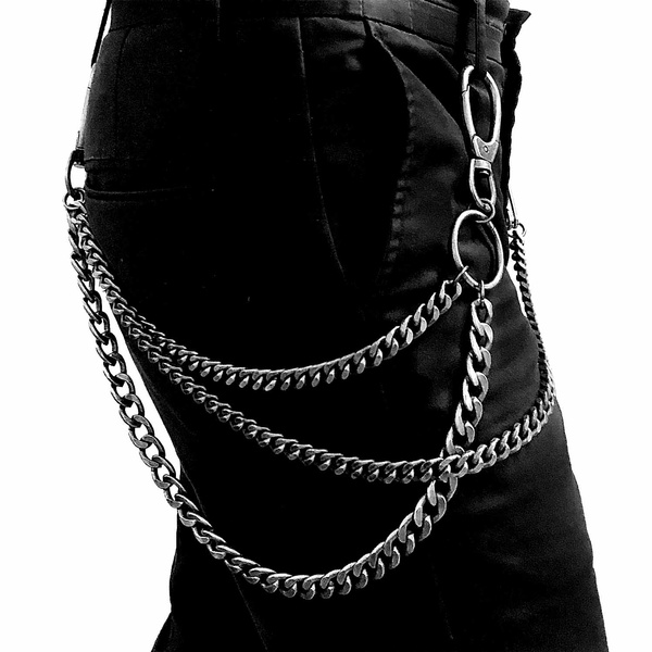 Mens Punk Metal Pants Chain Vintage Grey Hip Hop Trousers Waist Jeans