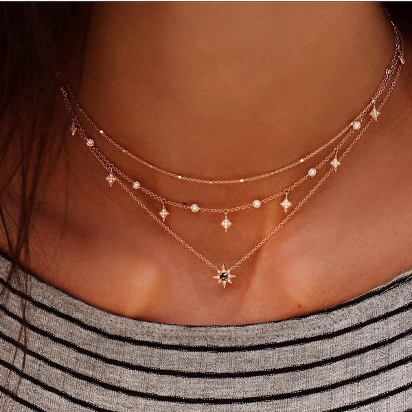 Fashion Jewelry Women Crystal Multi-Layer Choker Collar Chain Pendant Necklace 